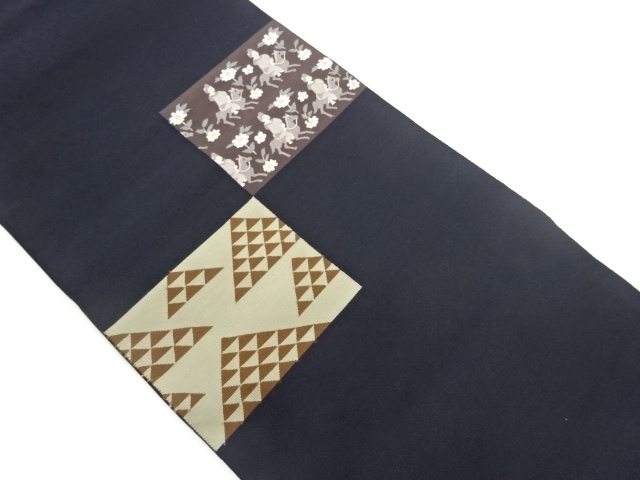 JAPANESE NAGOYA OBI / WOVEN FLORAL PLANTS & HORSEBACK